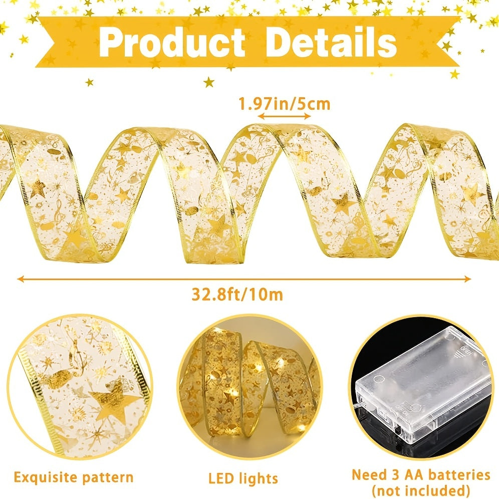 33 ft Christmas Ribbon Fairy Lights – Golden LED Christmas Tree Lights with Snowflake Design