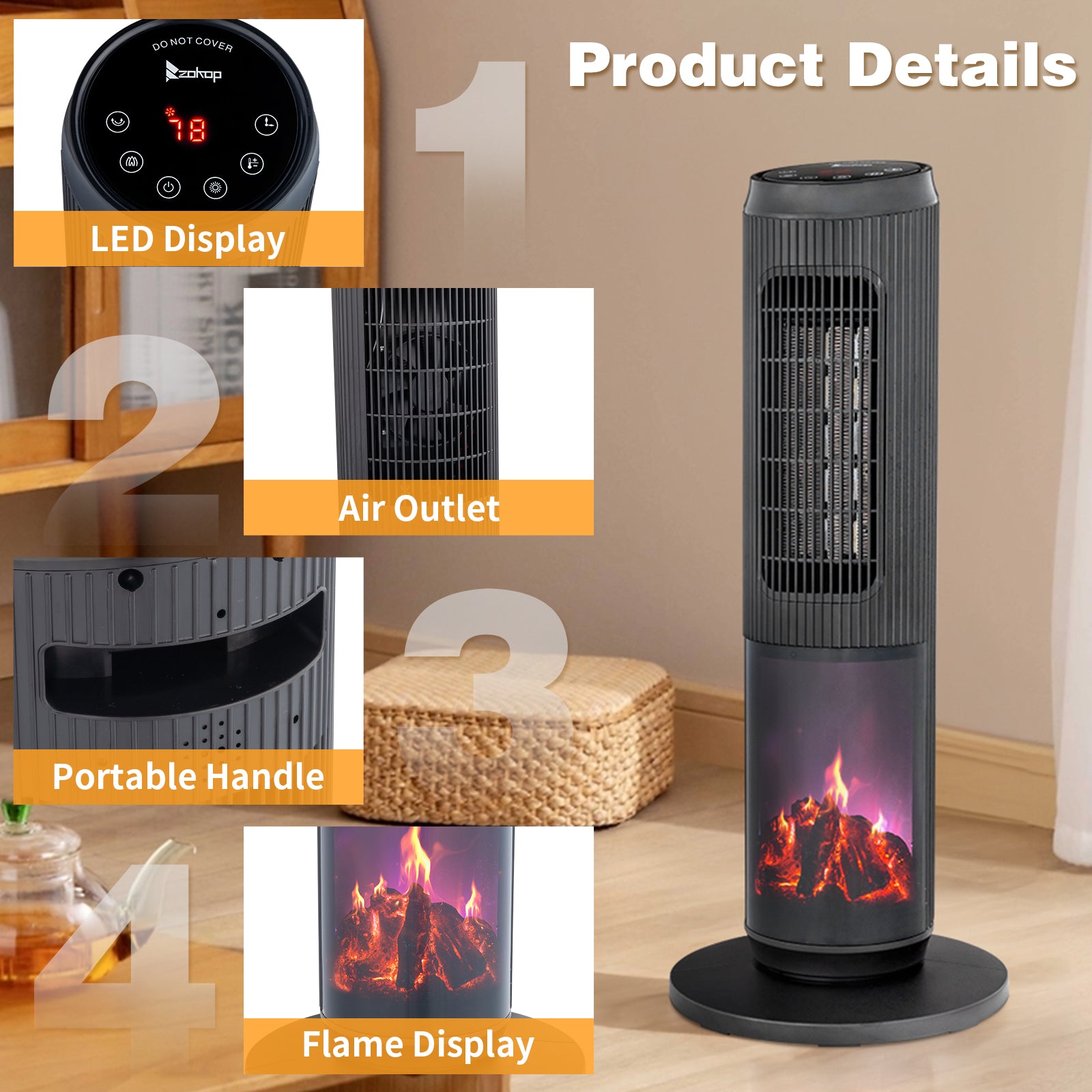 1500W Electric Tower Space Heater, Portable Room Heater with LED Flame Effect, Thermostat & 60° Oscillation