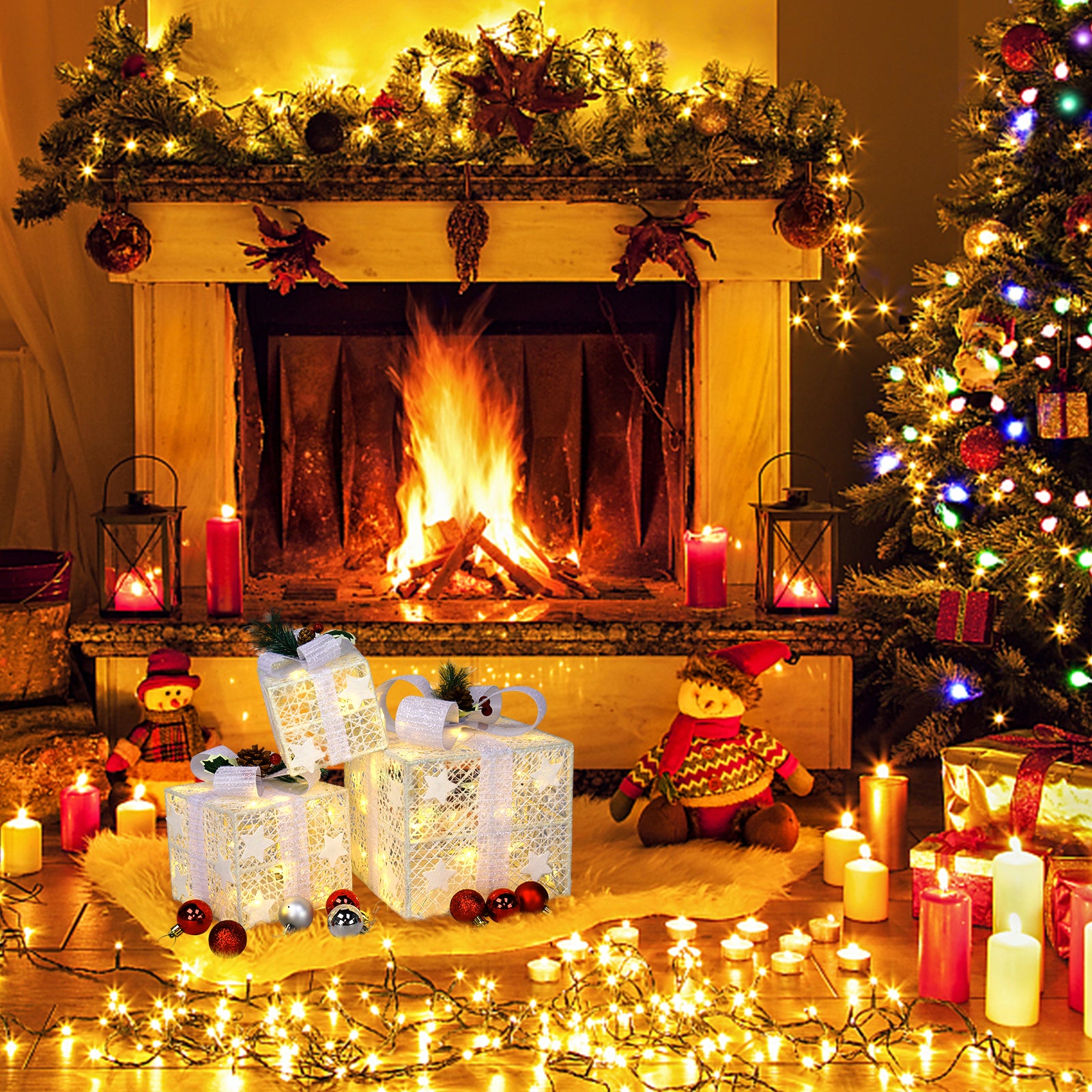 3PCS LED Gift Box Light Set – Warm White Cotton Thread Holiday Decoration (Battery Powered, Indoor & Outdoor)