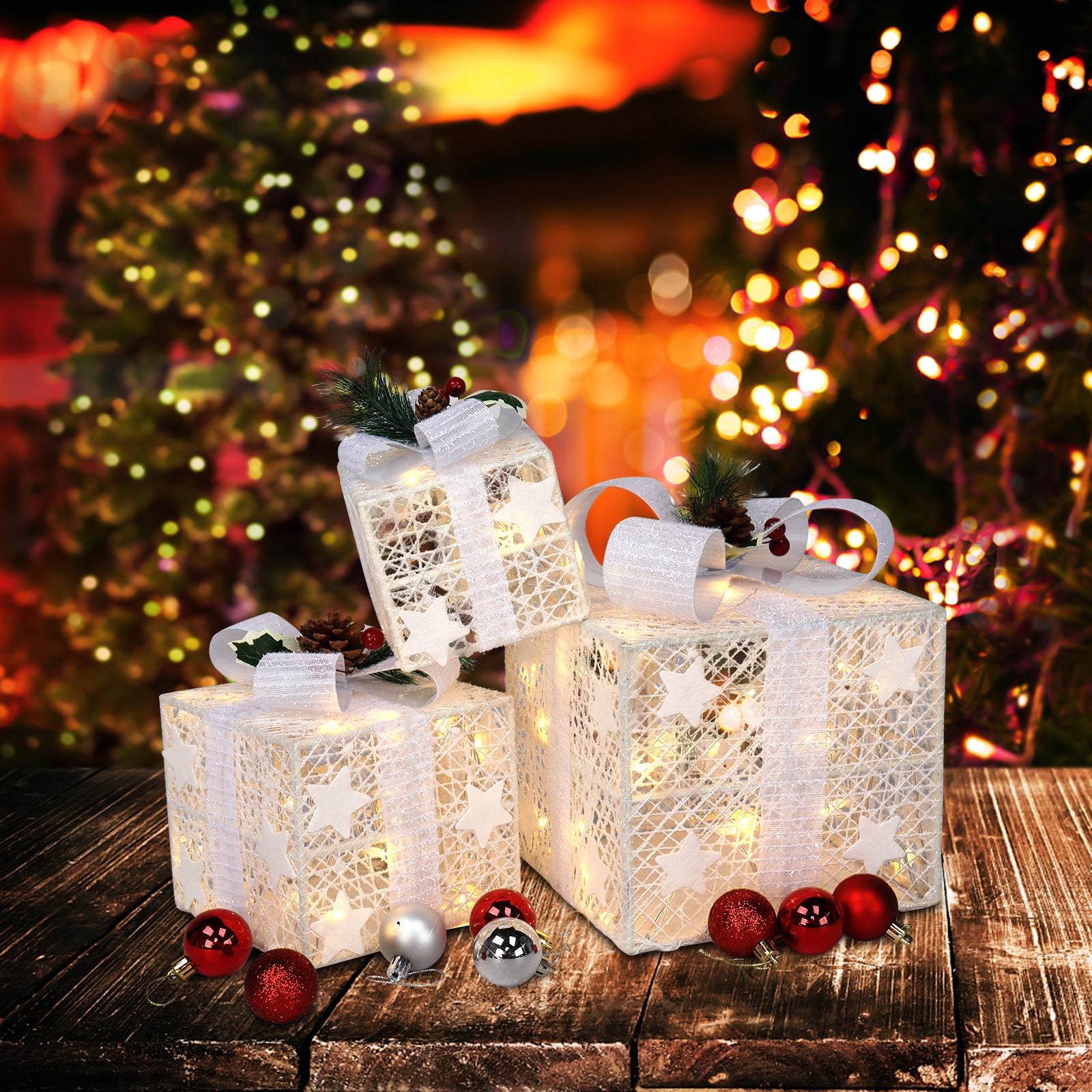 3PCS LED Gift Box Light Set – Warm White Cotton Thread Holiday Decoration (Battery Powered, Indoor & Outdoor)