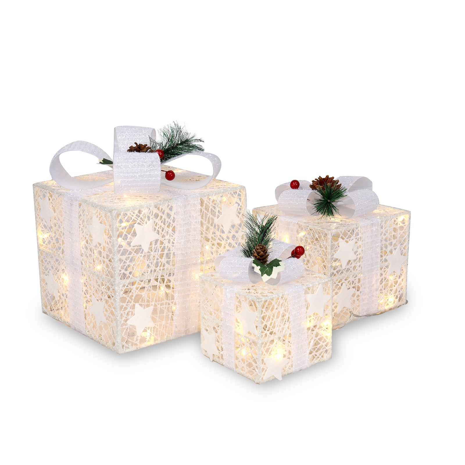 3PCS LED Gift Box Light Set – Warm White Cotton Thread Holiday Decoration (Battery Powered, Indoor & Outdoor)
