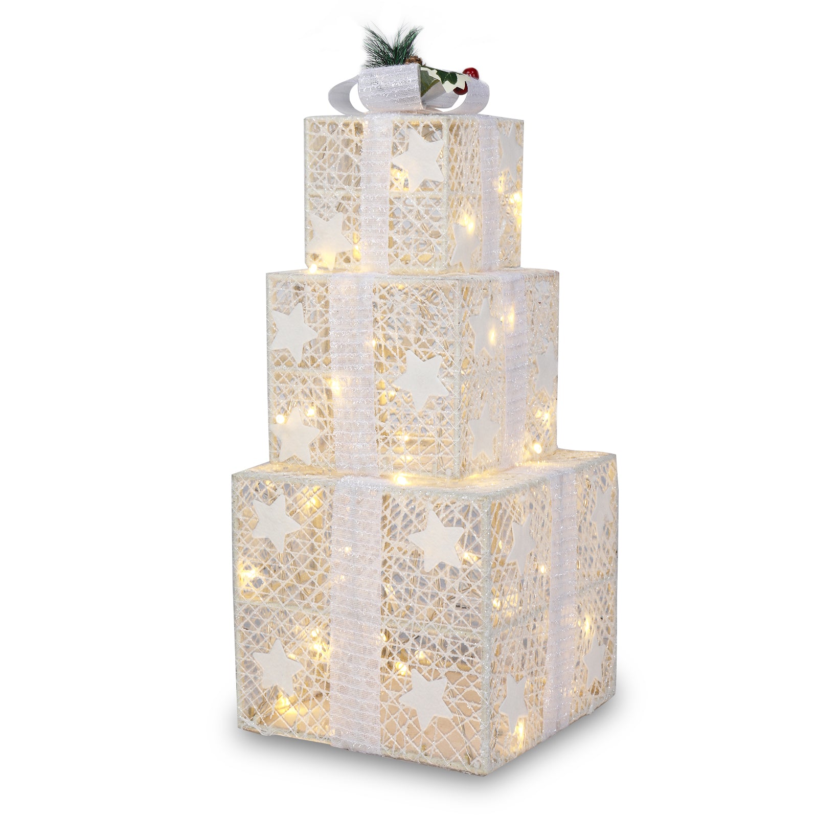3PCS LED Gift Box Light Set – Warm White Cotton Thread Holiday Decoration (Battery Powered, Indoor & Outdoor)