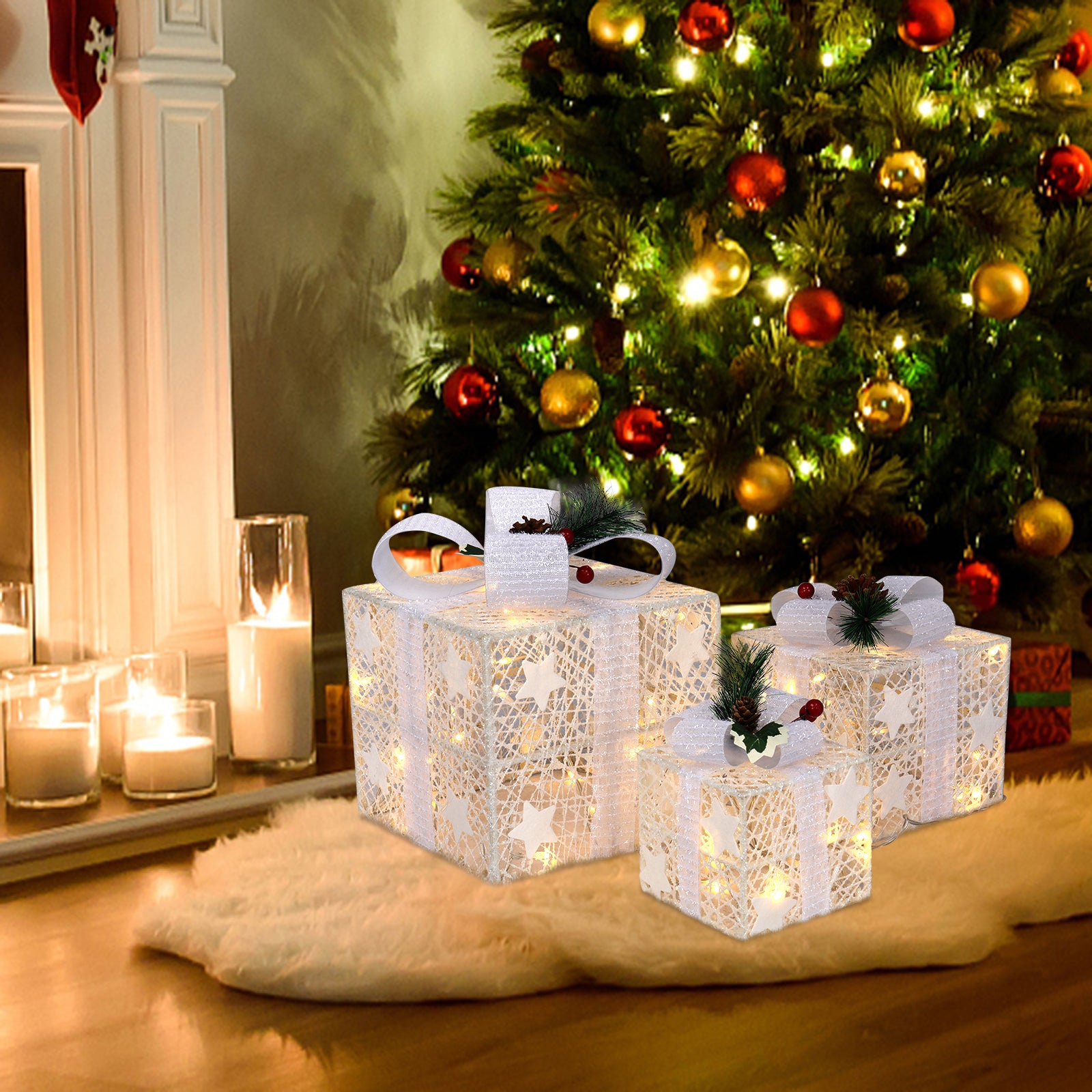 3PCS LED Gift Box Light Set – Warm White Cotton Thread Holiday Decoration (Battery Powered, Indoor & Outdoor)