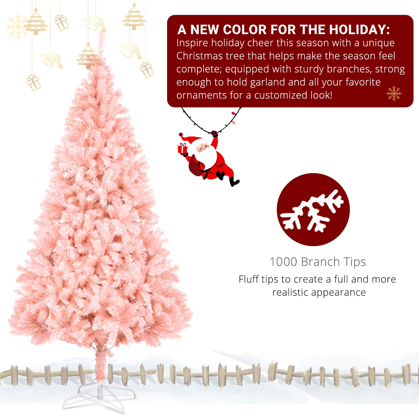 6FT Pink Artificial Christmas Tree – 1000 Branch Tips, Unlit PVC Holiday Tree with Sturdy Metal Base for Home Christmas Decor