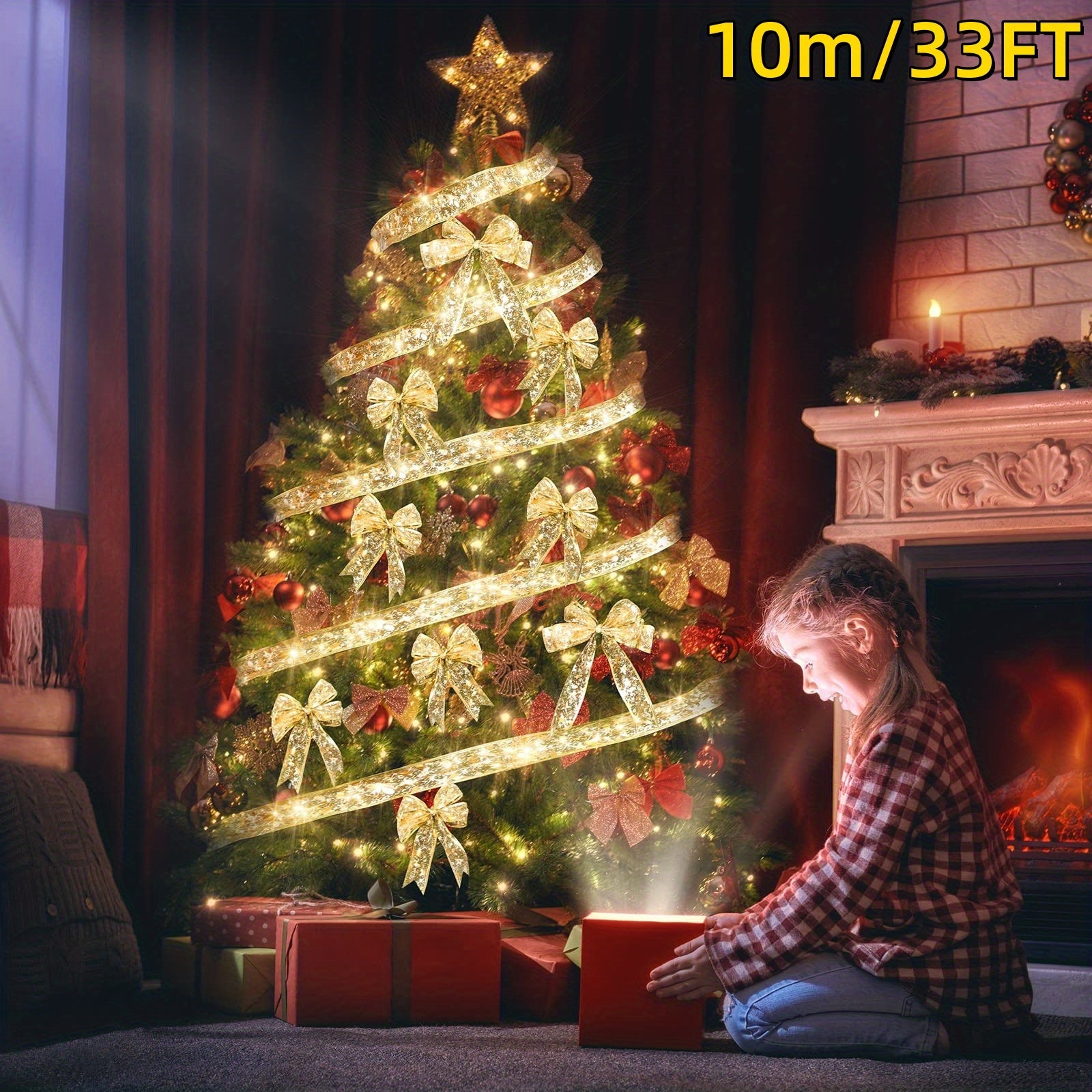 33 ft Christmas Ribbon Fairy Lights – Golden LED Christmas Tree Lights with Snowflake Design
