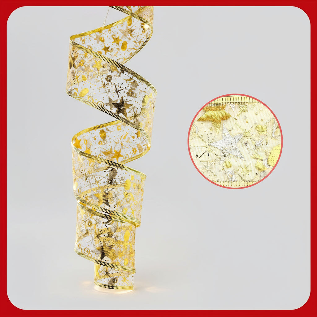 33 ft Christmas Ribbon Fairy Lights – Golden LED Christmas Tree Lights with Snowflake Design