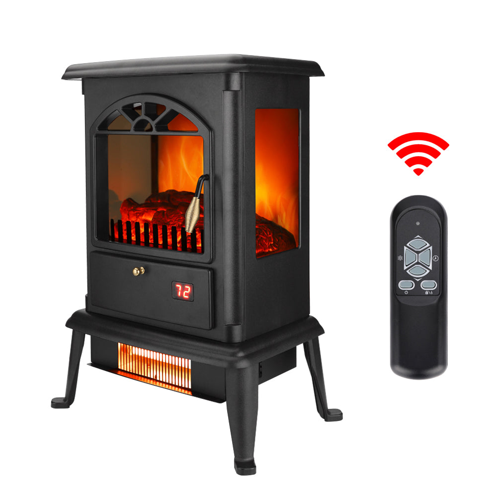 1500W Freestanding Electric Fireplace Heater with 3D Flame, Quartz Tube Heating, Remote Control – Black