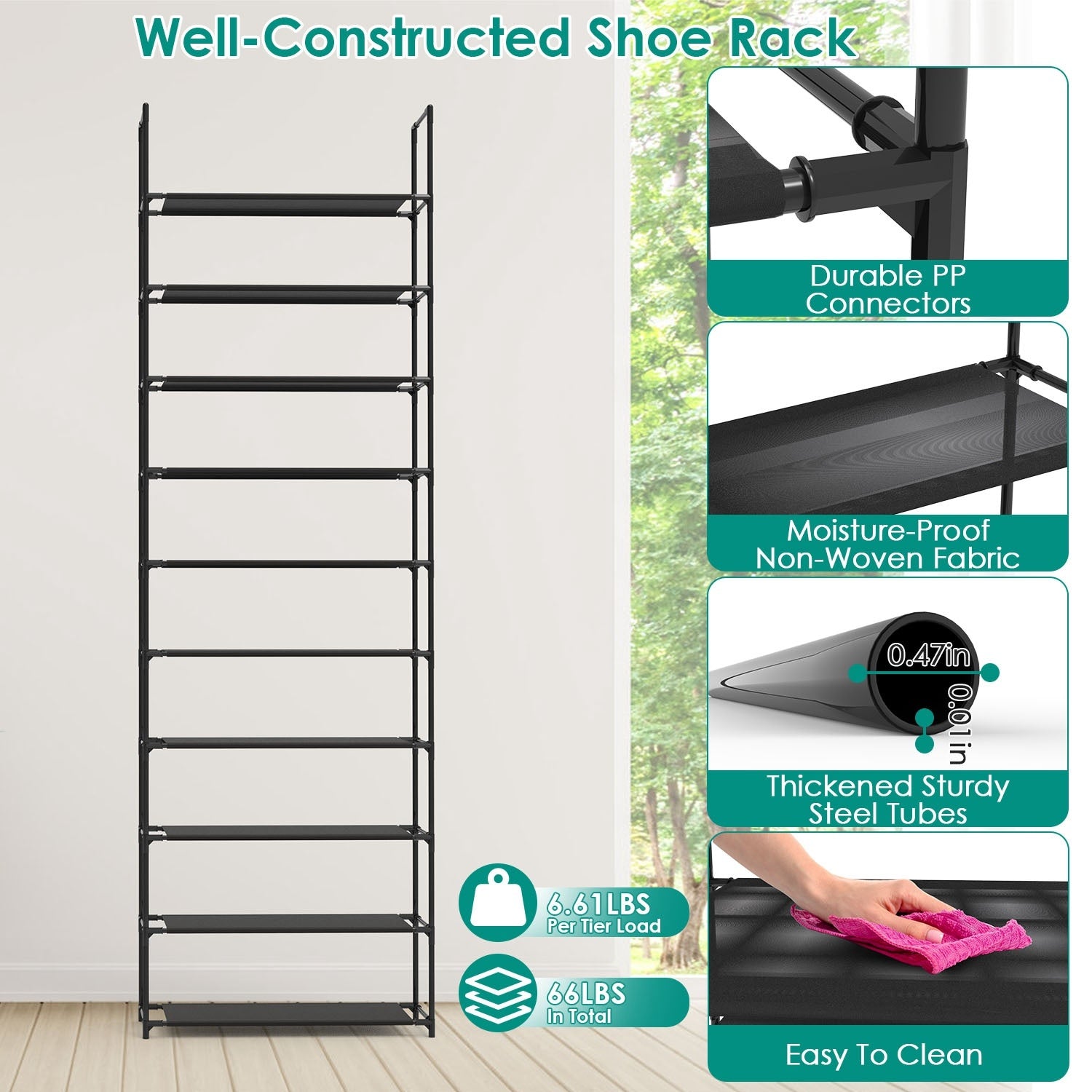 10-Tier Space-Saving Shoe Rack – Holds 25–30 Pairs | Steel + Non-Woven Fabric