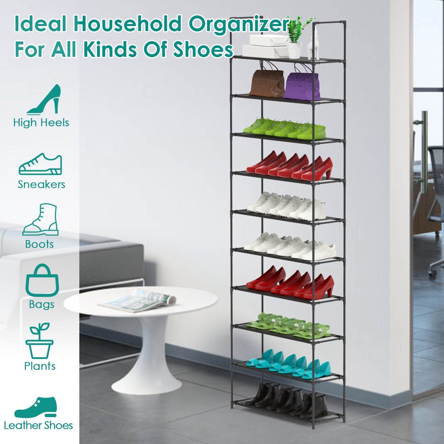 10-Tier Space-Saving Shoe Rack – Holds 25–30 Pairs | Steel + Non-Woven Fabric