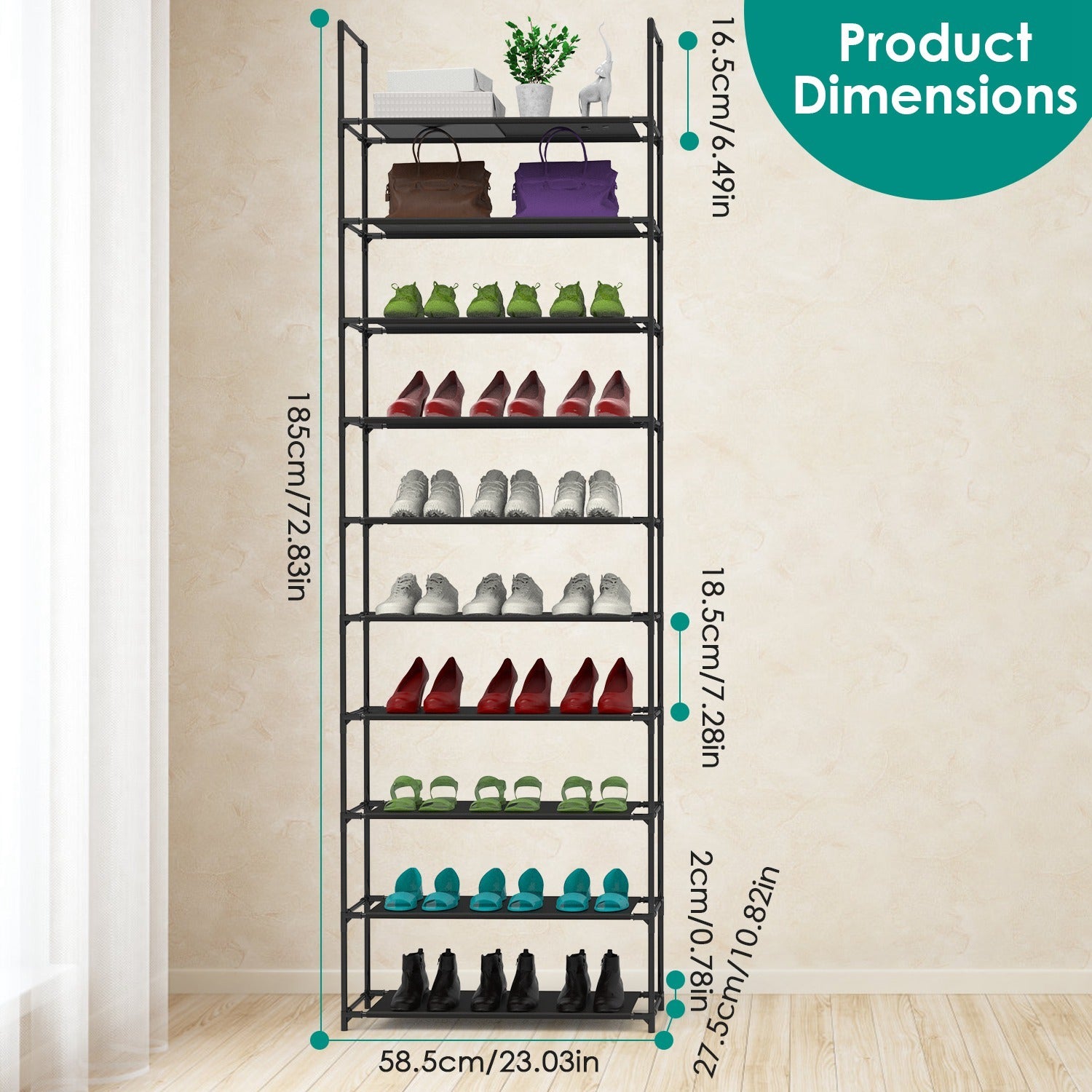 10-Tier Space-Saving Shoe Rack – Holds 25–30 Pairs | Steel + Non-Woven Fabric