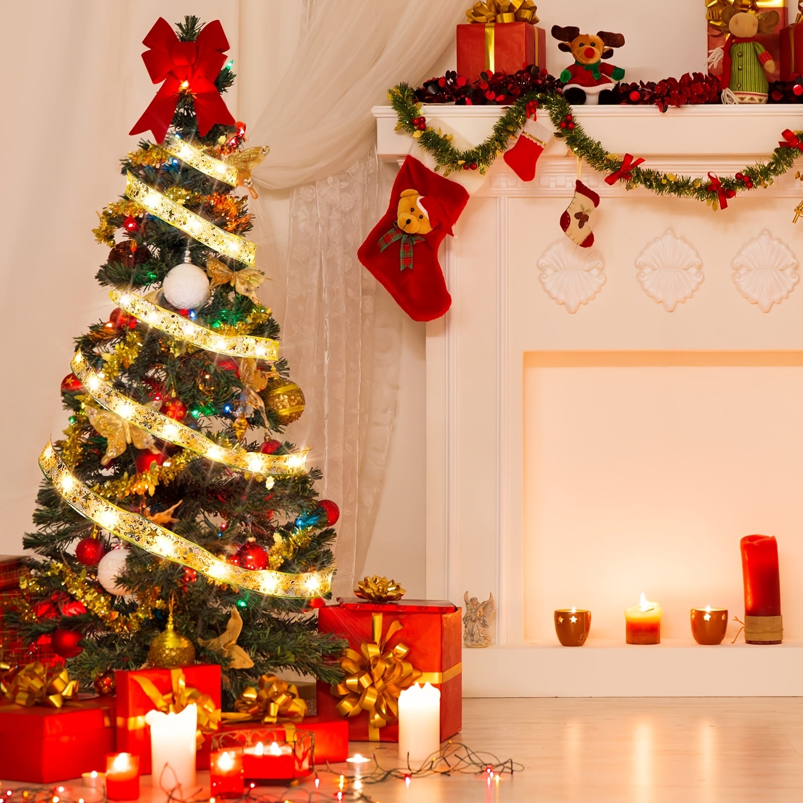 33 ft Christmas Ribbon Fairy Lights – Golden LED Christmas Tree Lights with Snowflake Design