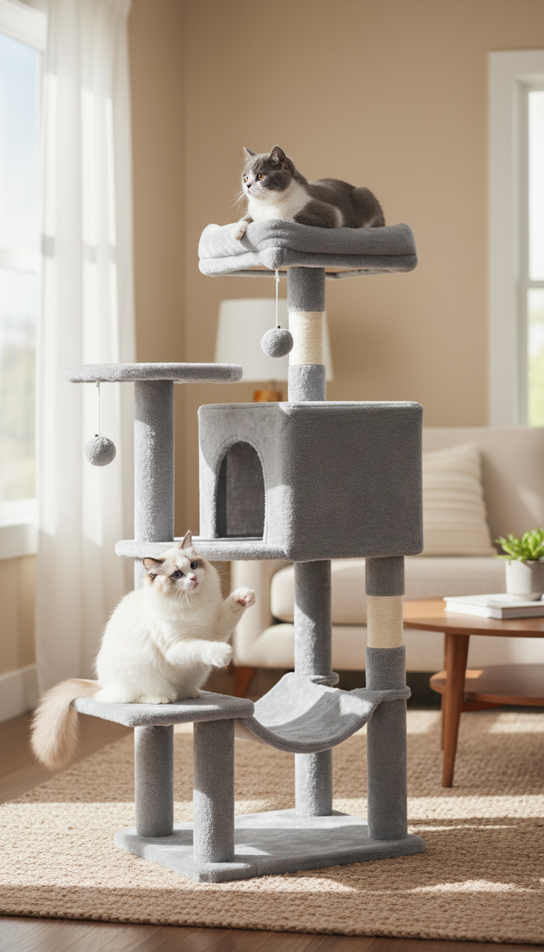 Mèo chơi trên cây cào móng trong phòng khách