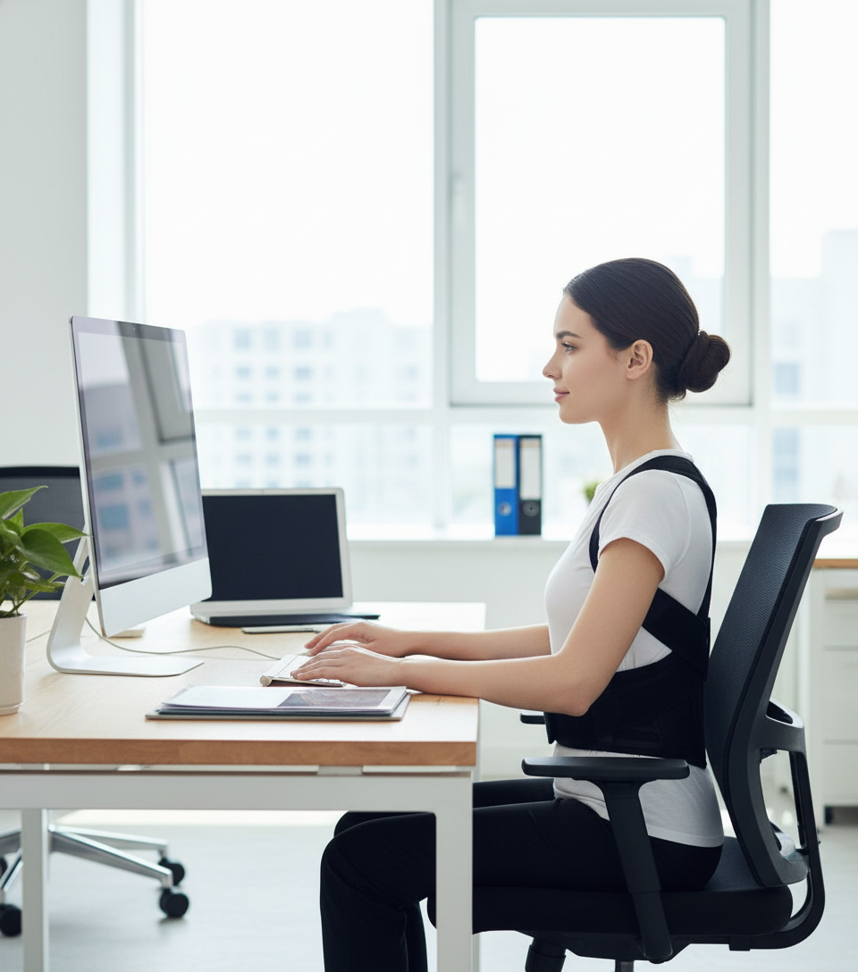 Người đeo đai nẹp lưng khi làm việc văn phòng