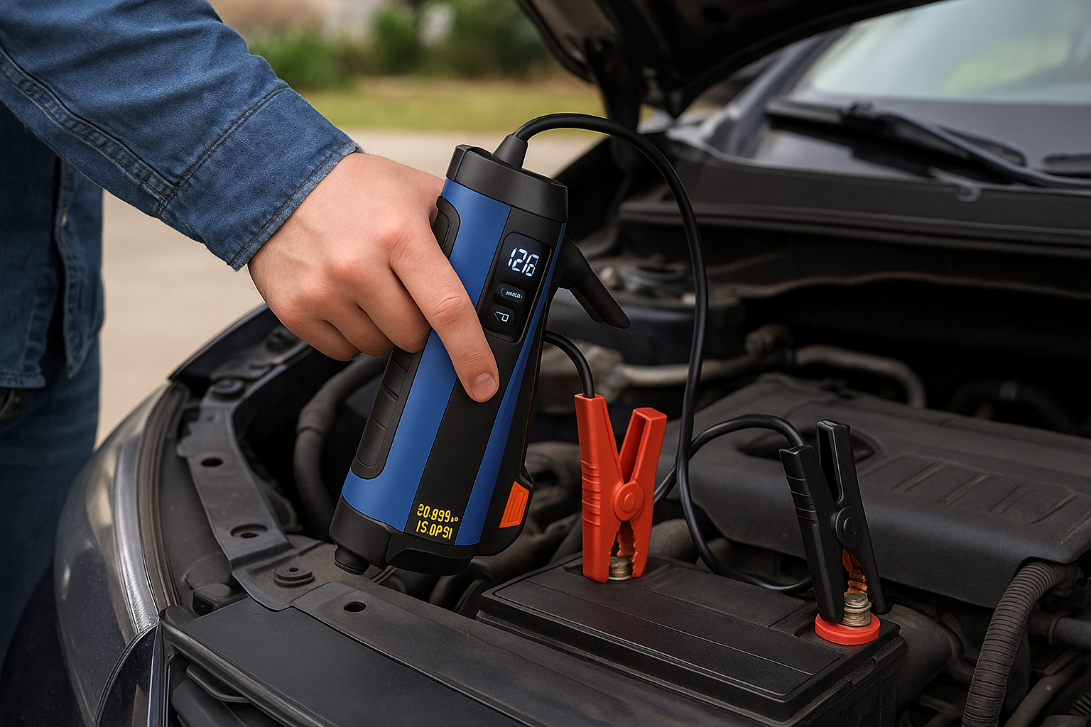 Ảnh lifestyle sử dụng bộ khởi động xe