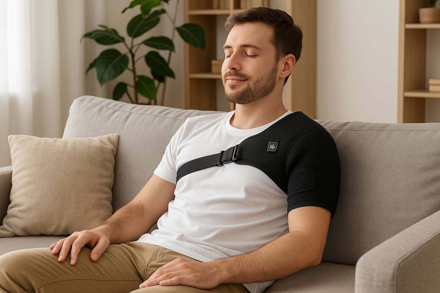 Ảnh lifestyle sử dụng thiết bị trị liệu nhiệt vai