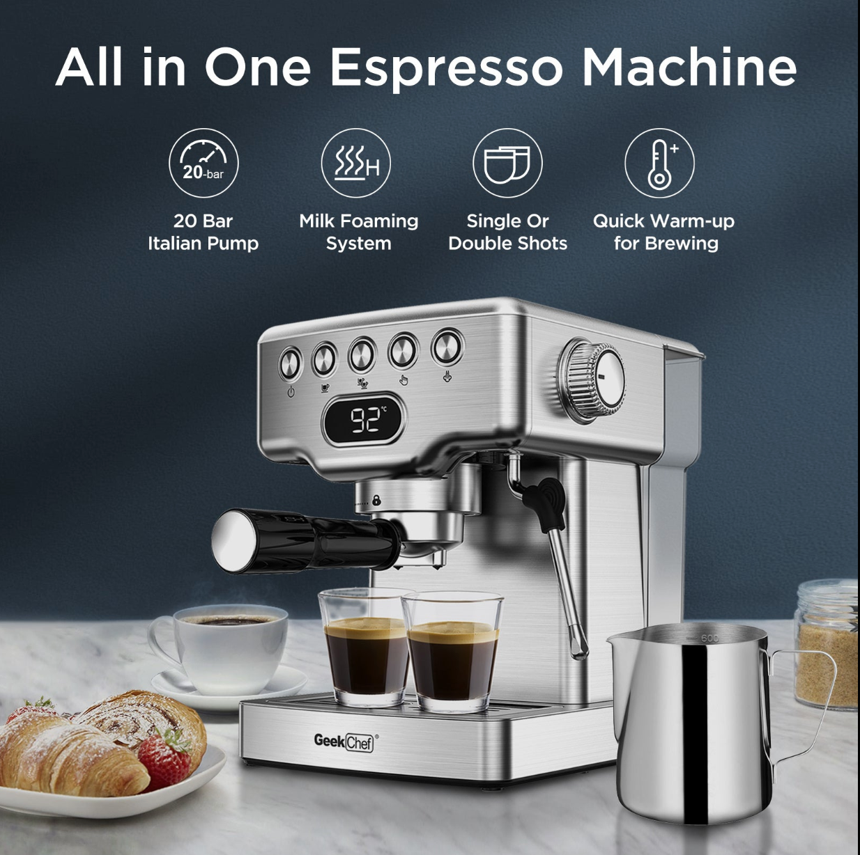 HomeVory 20 Bar Espresso Coffee Machine – 2-in-1 Coffee Maker with Milk Frother for Latte, Cappuccino & Mocha